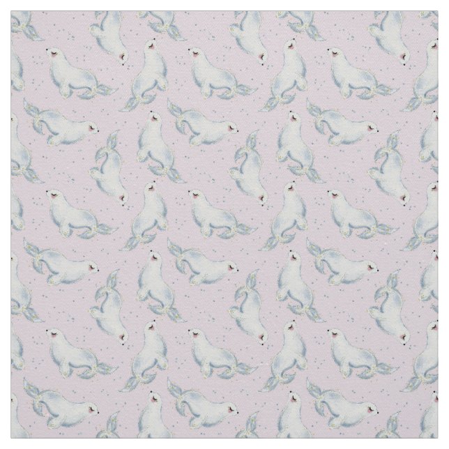 Playful White Seals on Soft Pink Dream Fabric (Swatch)