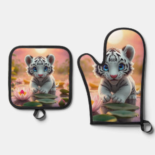 Playful White Tiger Cub in India's Wetlands Oven Mitt & Pot Holder Set