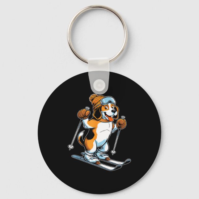 Playful winter beagle with skiing  key ring (Front)