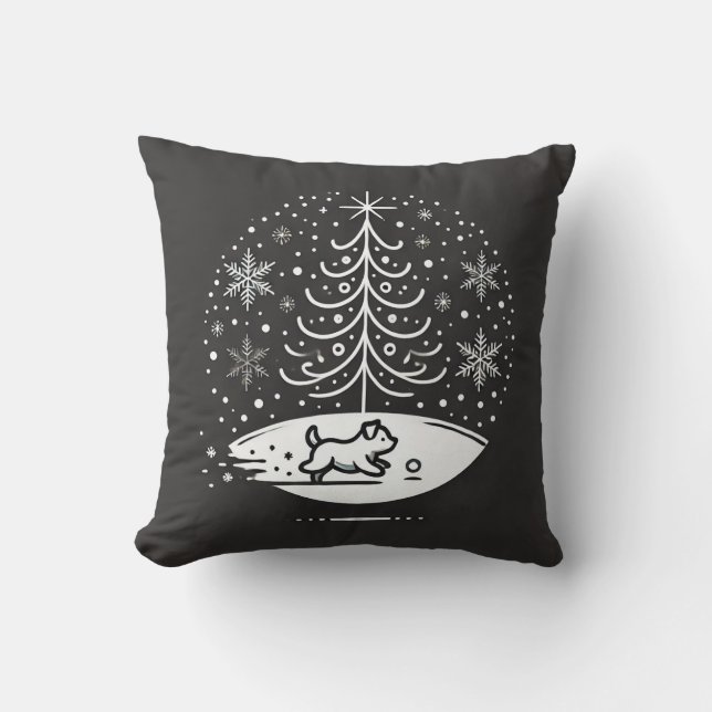 Playful Winter Scene – Minimalist Tree and Puppy D Cushion (Front)