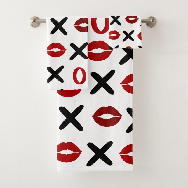 Playful XO & Red Lips Modern Love Pattern Bath Towel Set (Insitu)