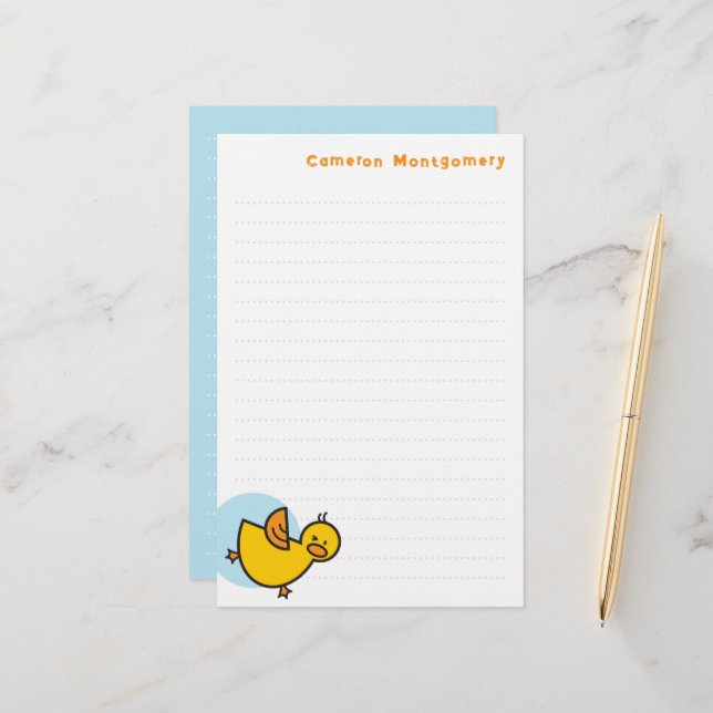 Playful Yellow Baby Duck Blue Dot Kid's Thank You Stationery (Front/Back In Situ)