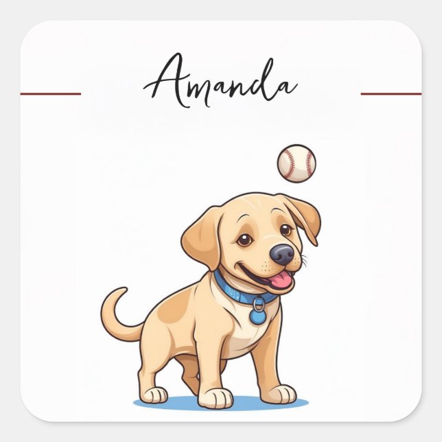 Playful Yellow Baseball Labrador Puppy Square Sticker (Front)
