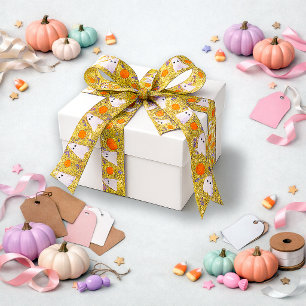 Playful Yellow Glitter Ghost Pumpkin Design Satin Ribbon