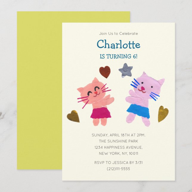 Playful Yellow Paper Collage Cats Kids Birthday Invitation (Front/Back)