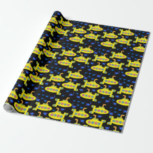 Playful Yellow Submarines Black Wrapping Paper