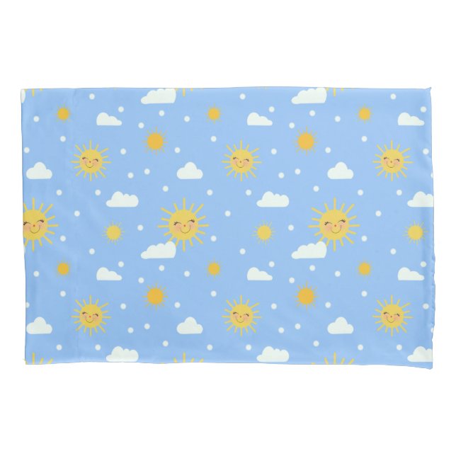 Playful Yellow Sun Blue Sky Pattern Pillowcase (Front)