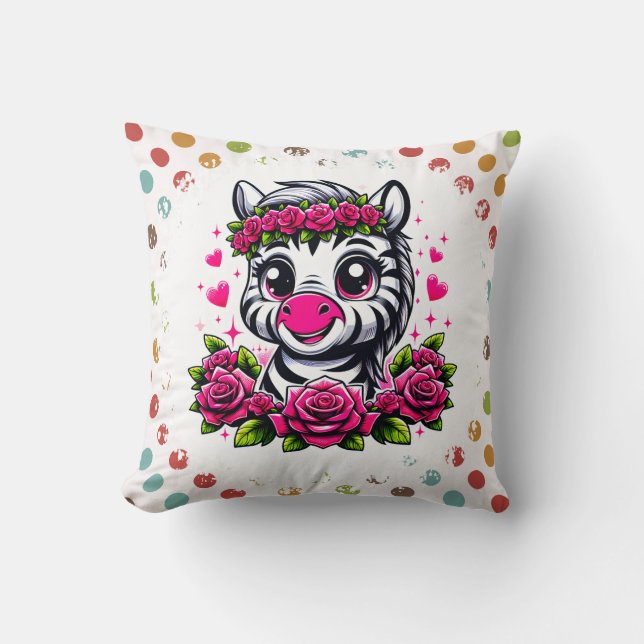 Playful Zebra with Pink Rose Crown Cushion (Front)