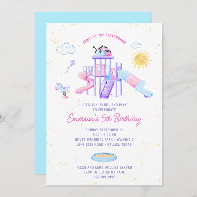 Playground Birthday Party Invitation for Girls (Front/Back)