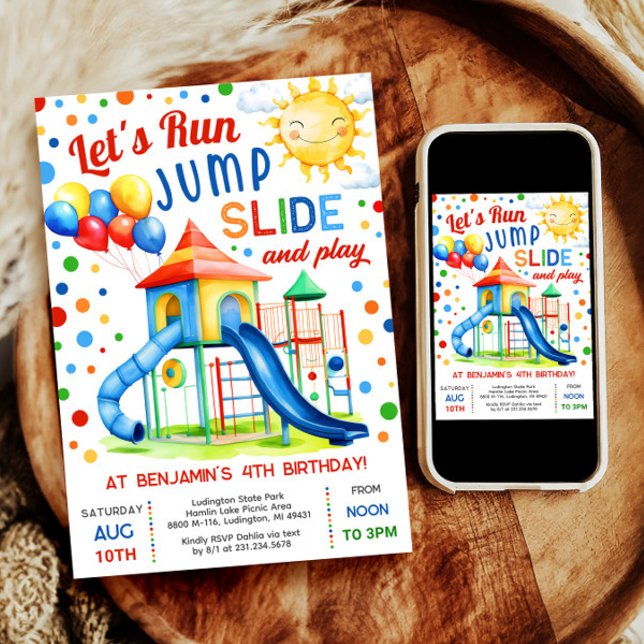 Playground Birthday - Run Jump Slide Play Invitation (Celebrate with our digital Park Slide invitation—perfect for a boy's outdoor playground birthday.)