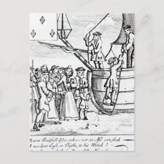 Playing card depicting immigrants arriving (Front)