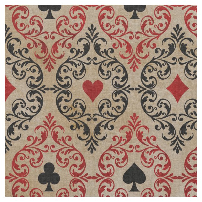 Playing Card Suits and Scroll on Tan Fabric (Close Up)