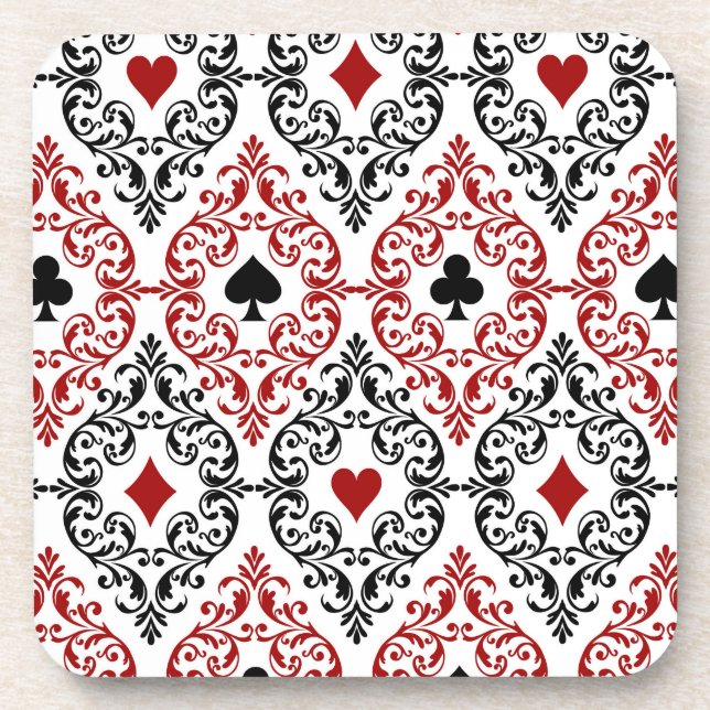 Playing Card Suits and Scroll on White Coaster (Front)