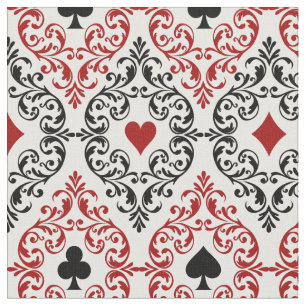 Playing Card Suits and Scroll on White Fabric