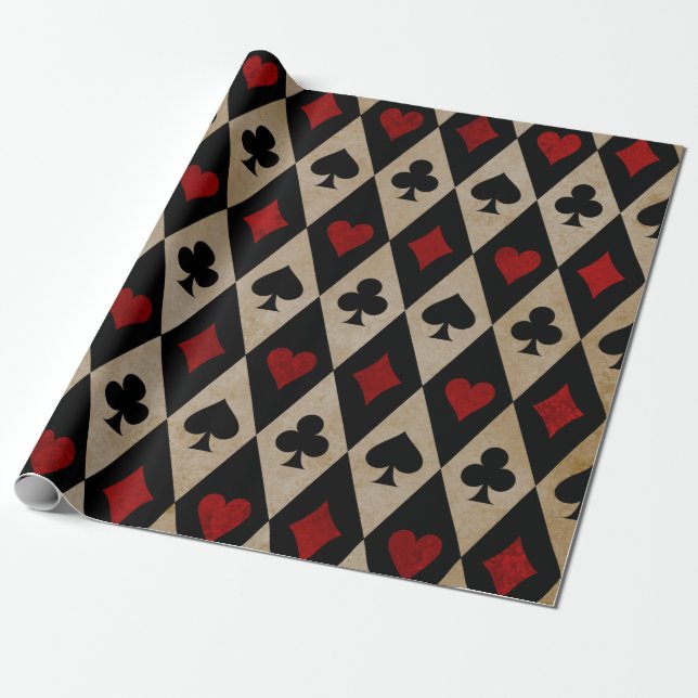 Playing Card Suits on Black and Tan Wrapping Paper (Unrolled)