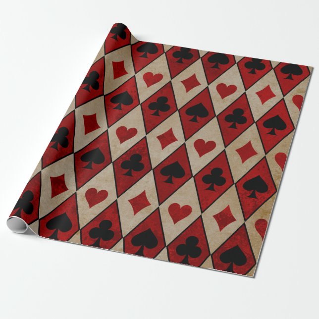 Playing Card Suits on Red and Tan Wrapping Paper (Unrolled)