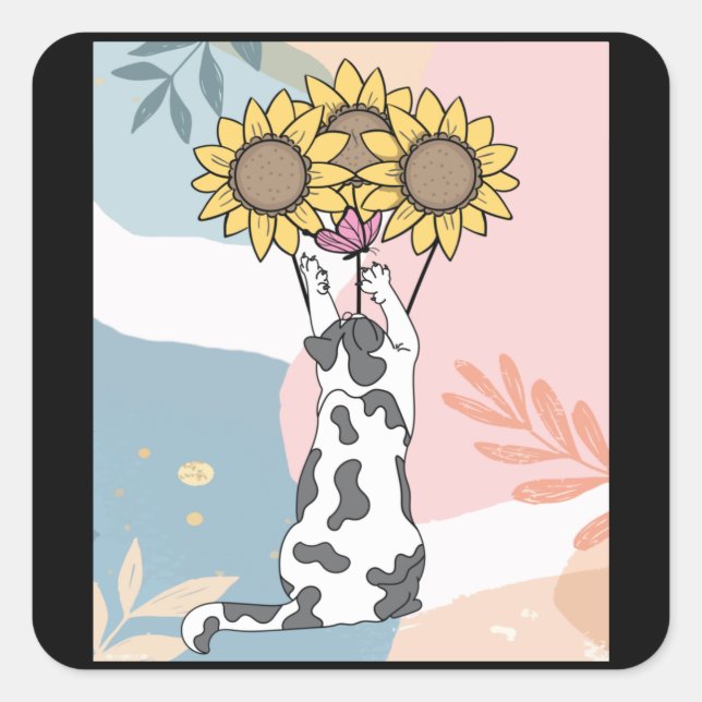 Playing Cat With Butterfly And Sunflowers Square Sticker (Front)