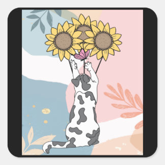 Playing Cat With Butterfly And Sunflowers Square Sticker