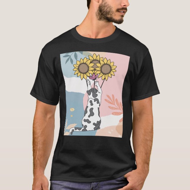 Playing Cat With Butterfly And Sunflowers T-Shirt (Front)
