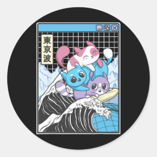 Playing Cats Surfing Kanagawa Wave Kawaii Anime Va Classic Round Sticker