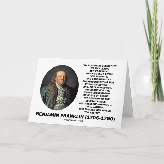 Playing Chess Caution Benjamin Franklin Quote Card (Front)