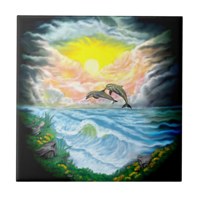 Playing Dolphins in the Sunshine Ceramic Tile (Front)