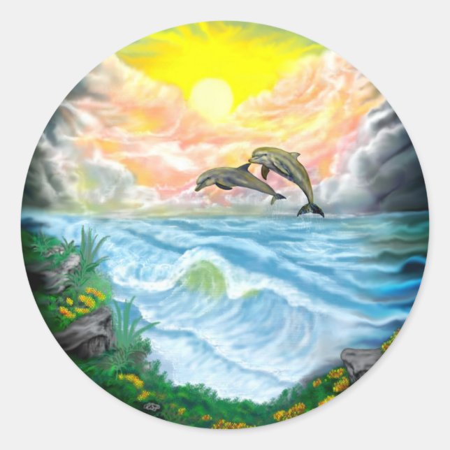 Playing Dolphins in the Sunshine Classic Round Sticker (Front)