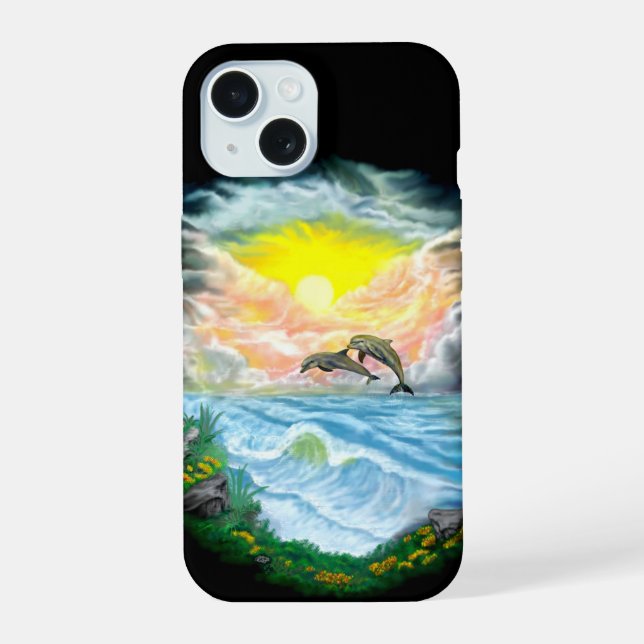 Playing Dolphins in the Sunshine iPhone 15 Case (Back)