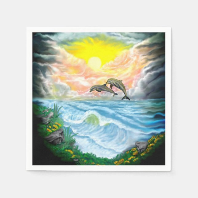 Playing Dolphins in the Sunshine Napkin (Front)