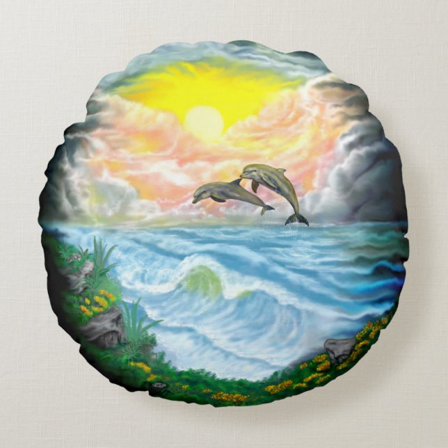 Playing Dolphins in the Sunshine Round Cushion (Front)