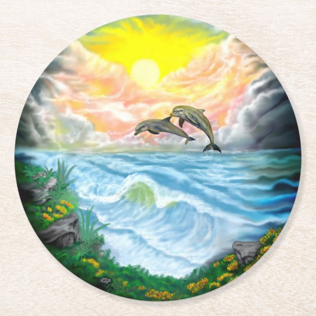 Playing Dolphins in the Sunshine Round Paper Coaster (Front)