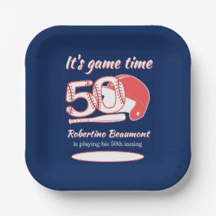 Playing His 50th Inning Baseball Birthday Party Paper Plate