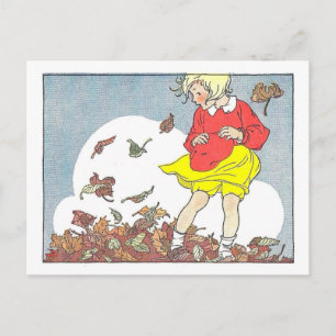 "Playing in the Leaves" Fall/Autumn Illustration Postcard