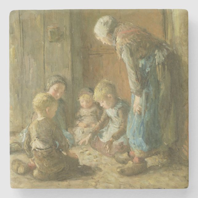 Playing Jacks on the Doorstep Stone Coaster (Front)