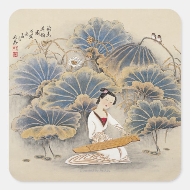 Playing Music by Lotus Pond Square Sticker (Front)