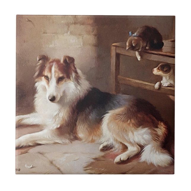 Playmates - Dog Kitten - Puppy Ceramic Tile (Front)