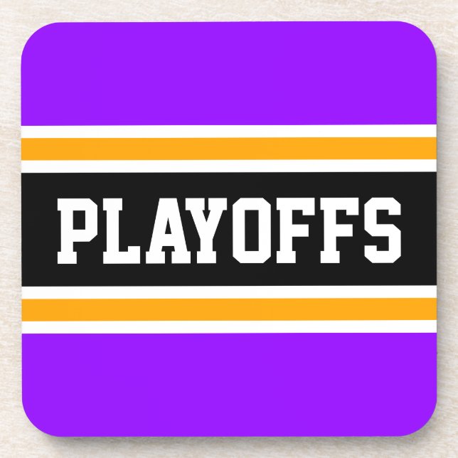 PLAYOFFS Fun Bright Purple Orange Black Stripes Coaster (Front)