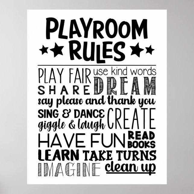 Playroom Rules Black & White Poster (Front)