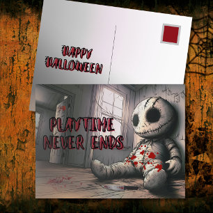 Playtime Never Ends Creepy Doll Halloween Holiday Postcard