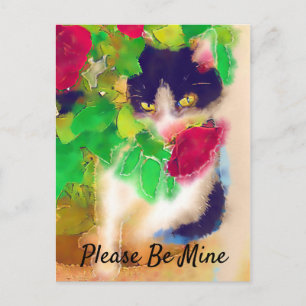 Please Be Mine, Cat with Red Rose Valentine Postcard