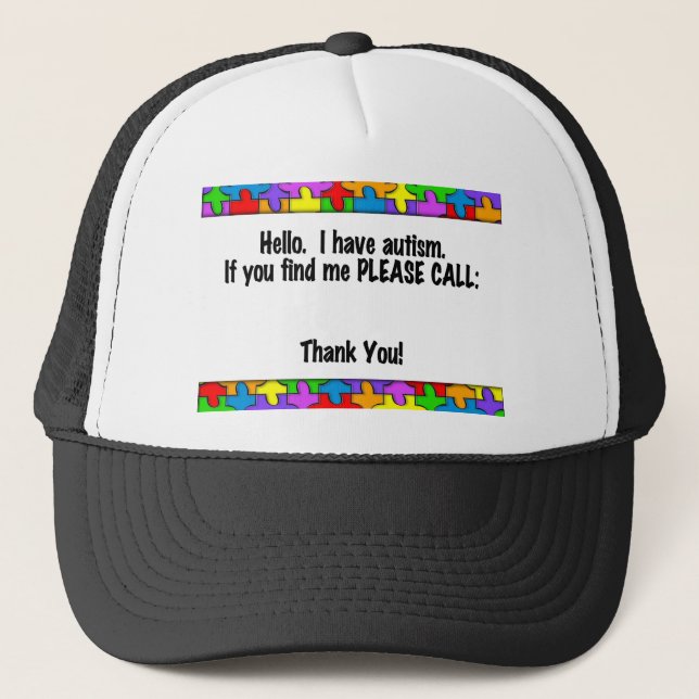 Please Call Autism ID Tag Trucker Hat (Front)