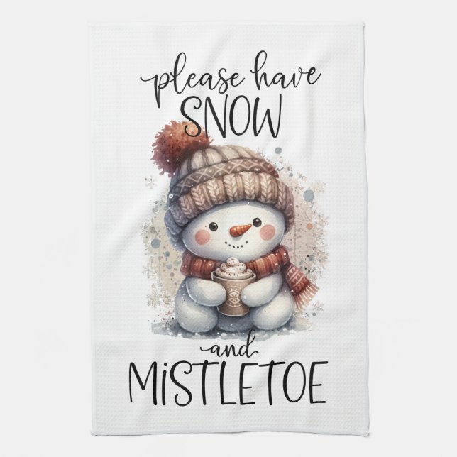 Please have snow and mistletoe cute snowman tea towel (Vertical)