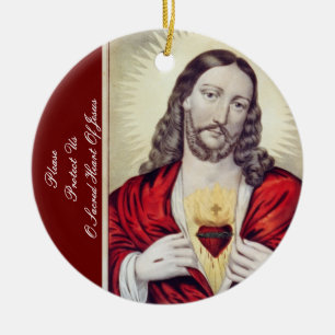 PLEASE PROTECT US O SACRED HEART OF JESUS CERAMIC TREE DECORATION