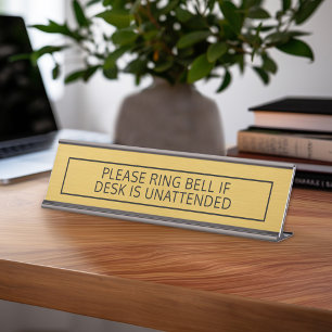 Please Ring Bell if Desk is Unattended Gold Black Name Plate