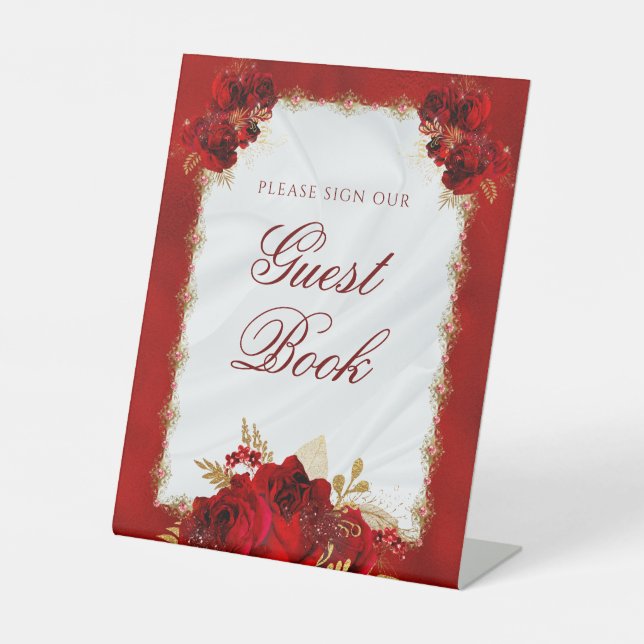 Please Sign Guestbook Elegant Red Floral Wedding (Front)