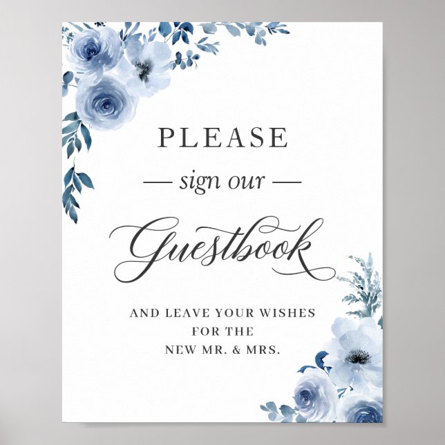 Please Sign Our Guestbook Boho Dusty Blue Floral (Front)