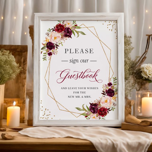 Please Sign Our Guestbook Burgundy Floral Frame (Creator Uploaded)