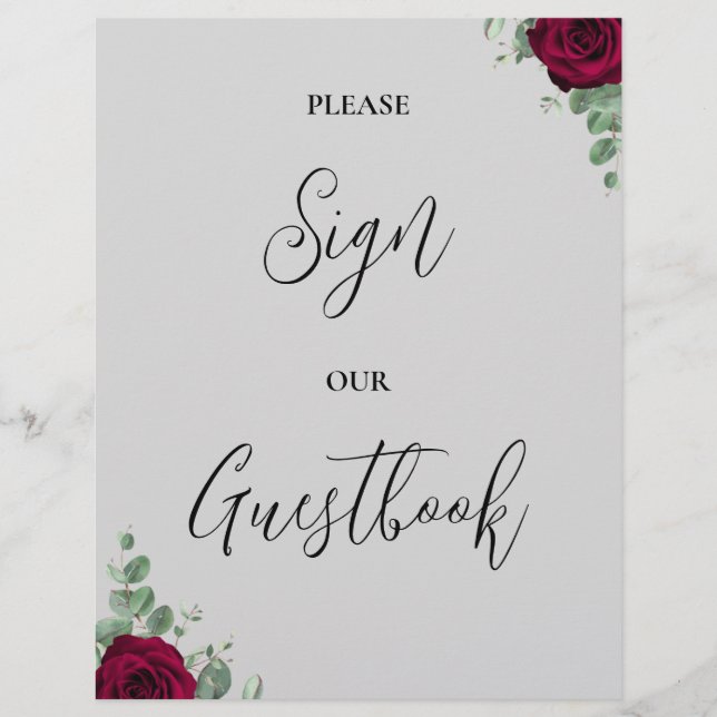 Please Sign Our Guestbook Red Rose Wedding Sign (Front)