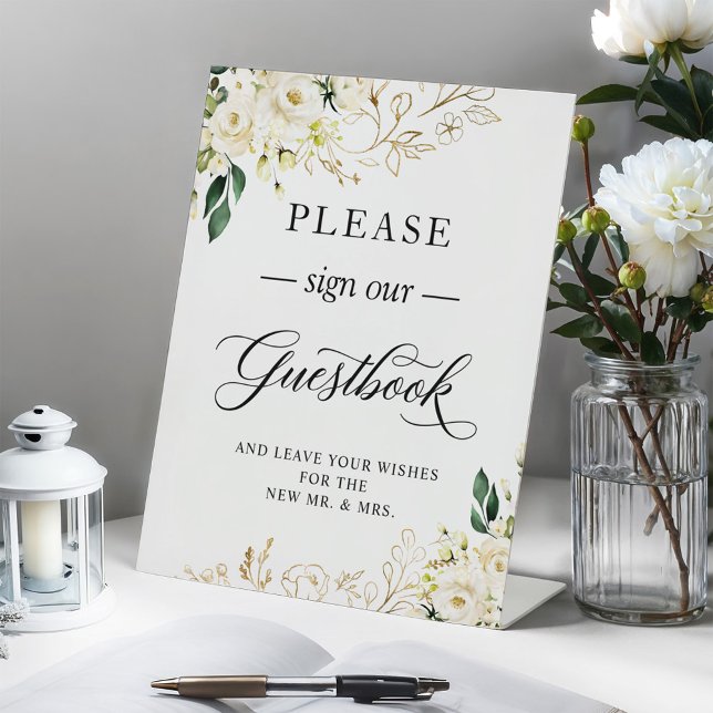 Please Sign Our Guestbook White Rose Gold Floral (Creator Uploaded)