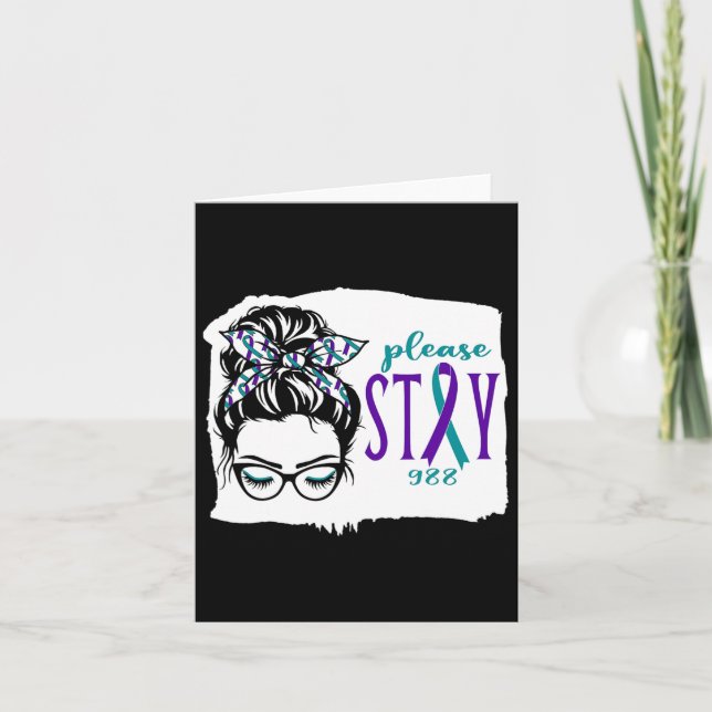 Please Stay Suicide Awareness 988 Messy Bun Teal P Card (Front)
